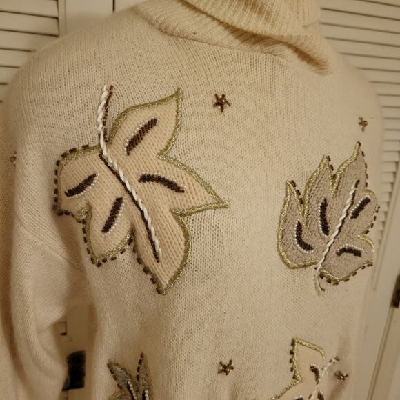 iB Diffusion Vintage Silk Blend Sweater Women's Small Cream Fall Leaves - Picture 3 of 10